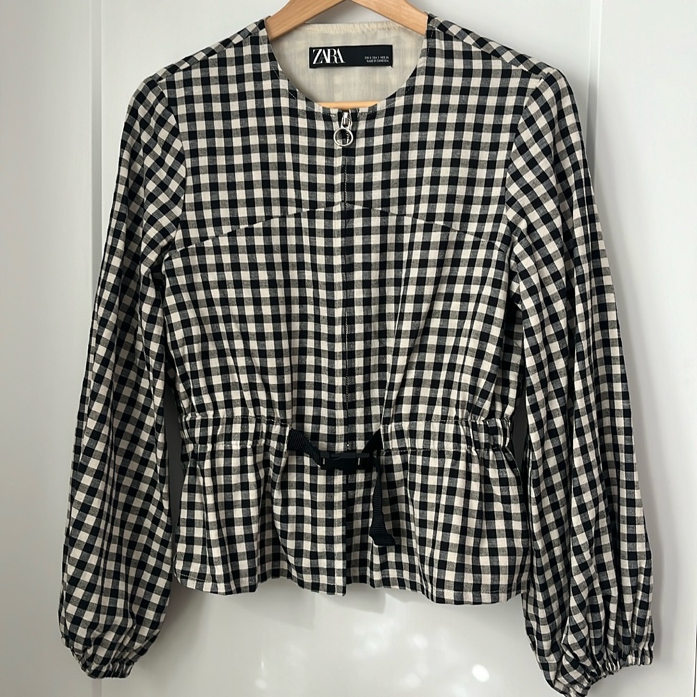 Zara gingham jacket with bell sleeves and buckle waist